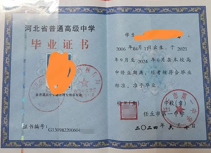 新城任丘市第一中学高中毕业证样本图片